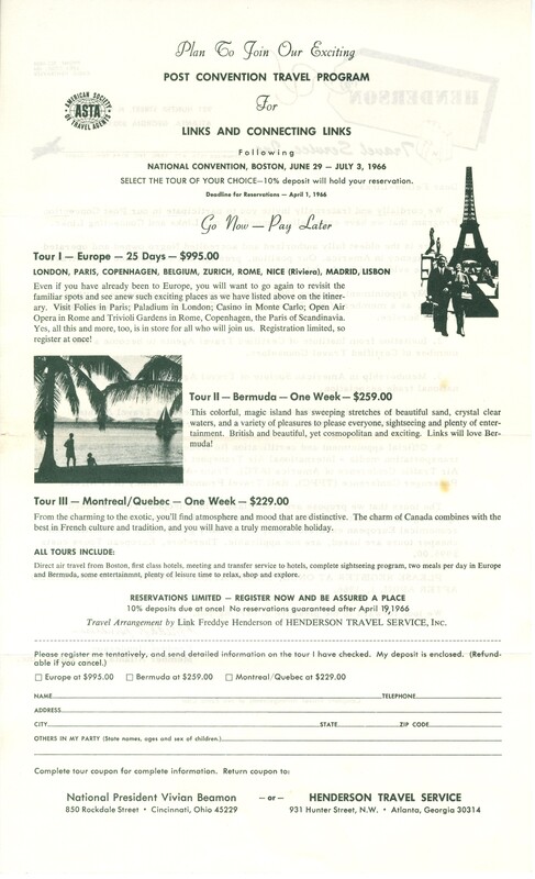 A Post-Convention Tour Flyer for Henderson Travel Service listing the various tours they are offering the Links and Connecting Links members, scheduled for after the national convention in Boston held June 29-July 3, 1966.