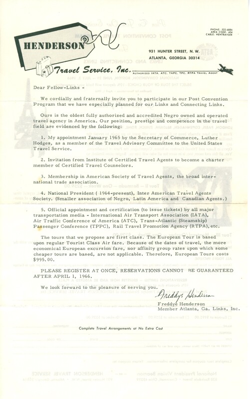 Links, Atlanta Post-Convention Tour Ad for the Henderson Travel Service agency listing Freddye Henderson's and the Travel Agency's many accolades, solidifying their strong place in the industry.