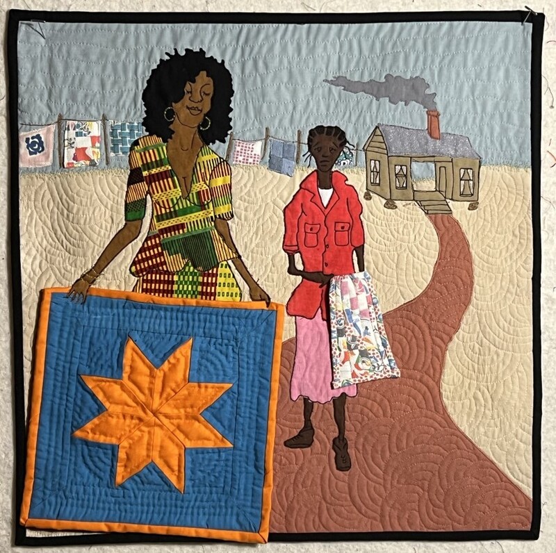 A quilt by Cathy Fussell featuring imagery from "Everyday Use" a short story by Alice Walker.